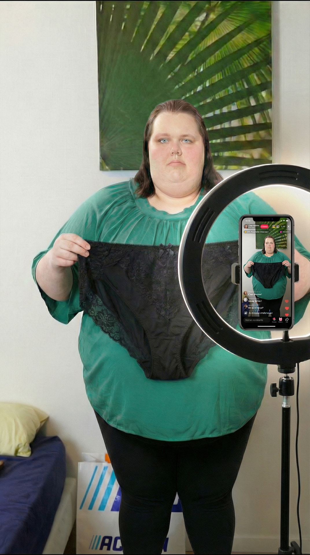 Magalie en live TikTok devant un ring light, présentant un achat lors d'un haul