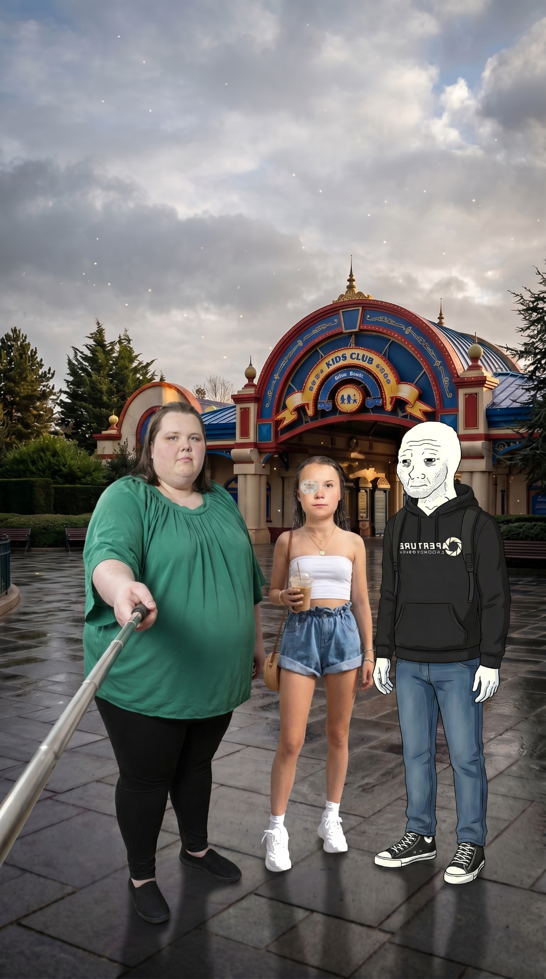 Magalie et sa famille devant l'entrée de Disneyland Paris, perche à selfie en main